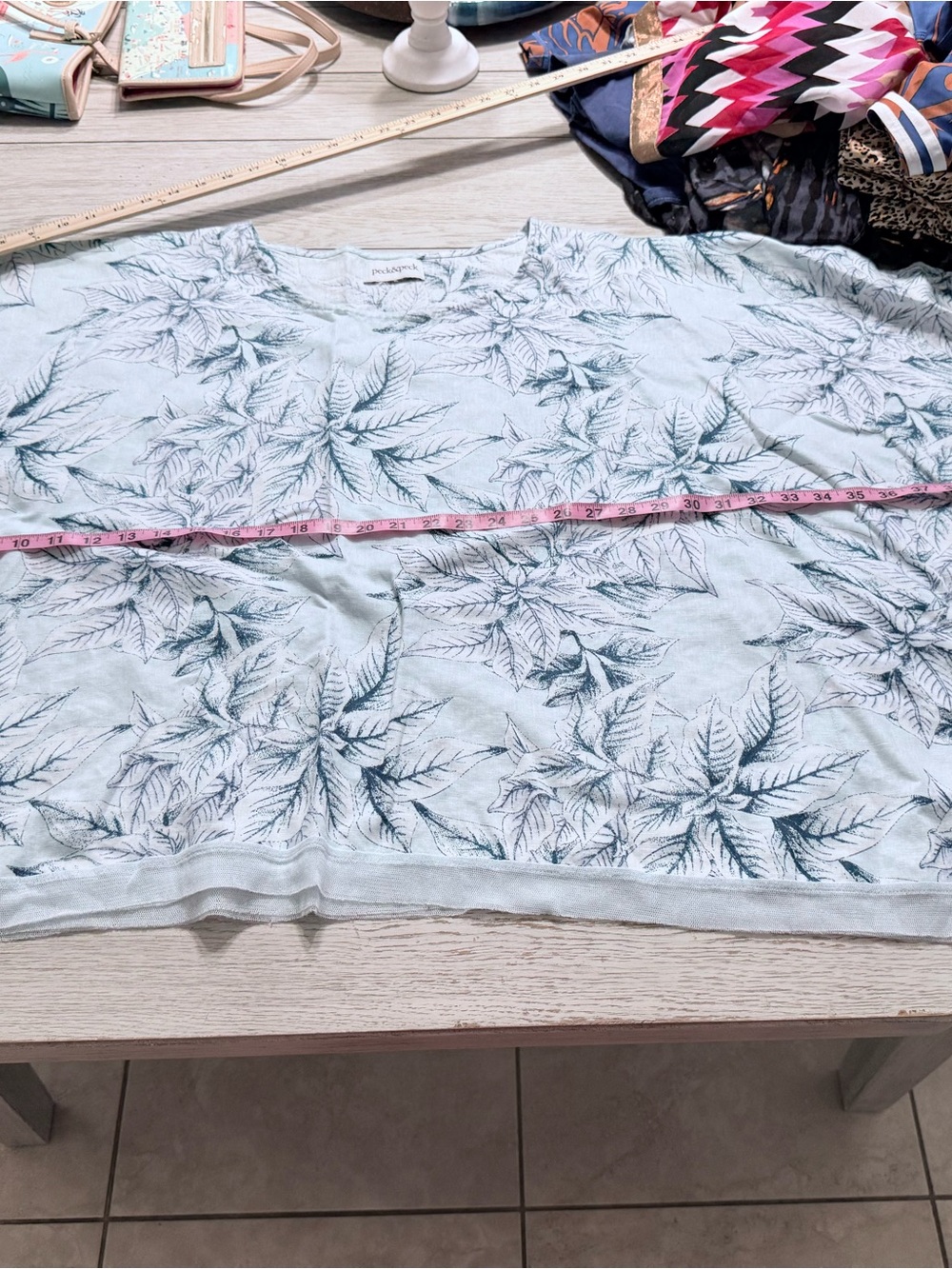 Peck & Peck Womens Top XL blue linen floral tropical batwing short sleeve EUC - Picture 14 of 14